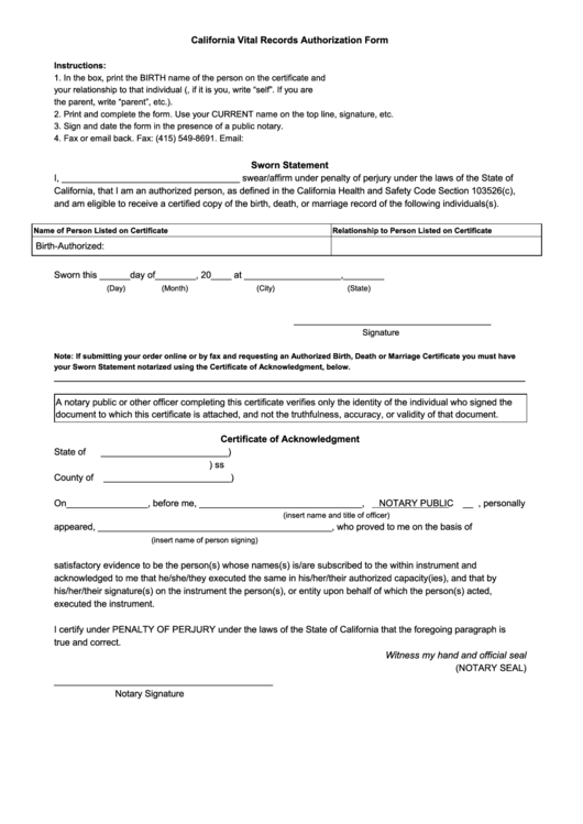 Ca Vital Records Authorization Form