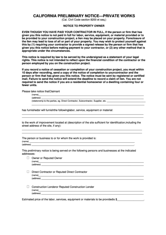Fillable Notice To Property Owner Form Printable pdf