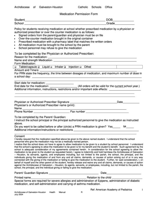 Fillable Medication Permission Form Printable pdf
