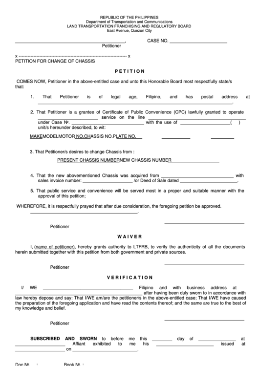 Fillable Petition For Change Of Chassis - Department Of Transportation And Communications Land Transportation Franchising And Regulatory Board Printable pdf