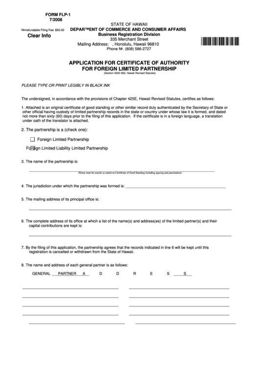 Fillable Form Flp-1 - Application For Certificate Of Authority For Foreign Limited Partnership 2008 Printable pdf