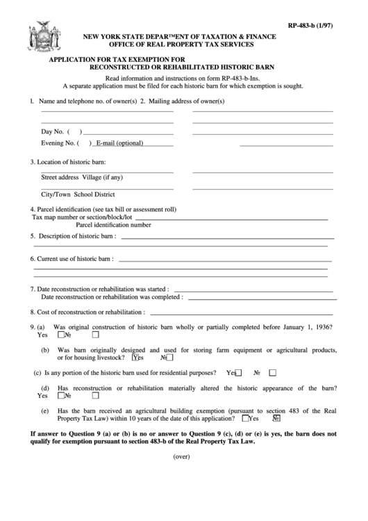 Form Rp-483-B - Application For Tax Exemption For Reconstructed Or Rehabilitated Historic Barn 1997 Printable pdf