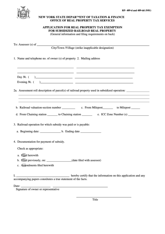 Form Rp-489-D - Application For Real Property Tax Exemption For Subsidized Railroad Real Property Printable pdf