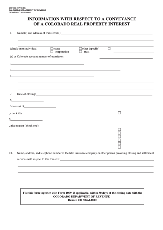 Form Dr 1083 - Information With Respect To A Conveyance Of A Colorado Real Property Interest 2006 Printable pdf