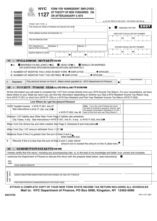 Fillable Form Nyc-1127 - Form For Nonresident Employees Of The City Of New York Hired On Or After January 4, 1973 - 2007 Printable pdf