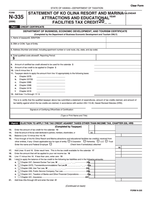 Fillable Form N-335 - Statement Of Ko Olina Resort And Marina Attractions And Educational Facilities Tax Credit 2006 Printable pdf