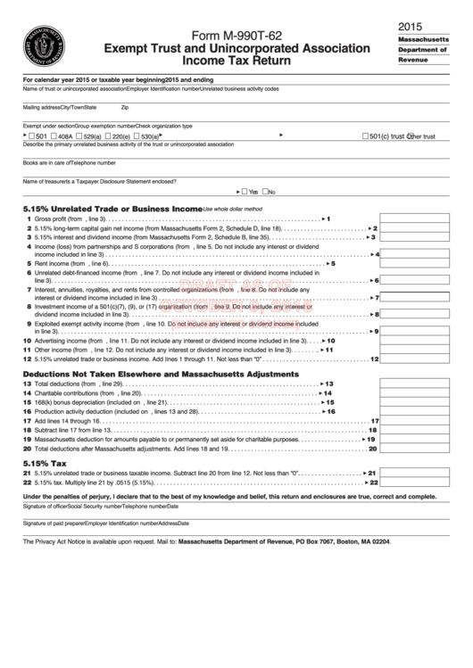 Form M-990t-62 Draft - Exempt Trust And Unincorporated Association Income Tax Return - 2015 Printable pdf