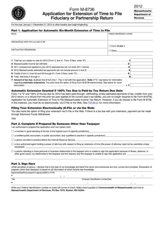 Fillable Form M-8736 - Application For Extension Of Time To File Fiduciary Or Partnership Return - 2012 Printable pdf