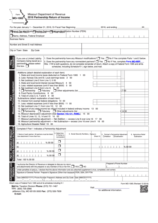 Fillable Form Mo-1065 - Partnership Return Of Income - 2016 Printable pdf
