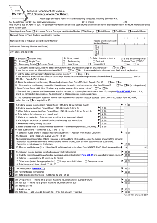Fillable Form Mo-1041 - Fiduciary Income Tax Return - 2016 Printable pdf