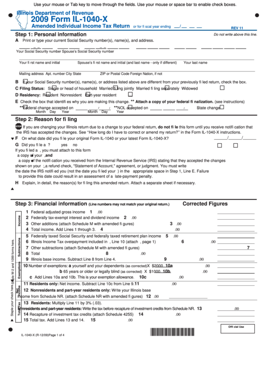Fillable Form Il-1040-X - Amended Individual Income Tax Return - 2009 Printable pdf