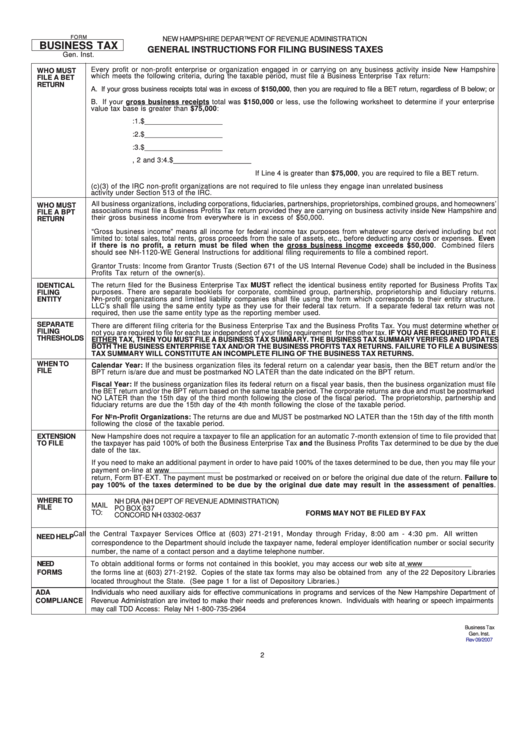 Business Tax Form - General Instructions For Filing Business Taxes - 2007 Printable pdf