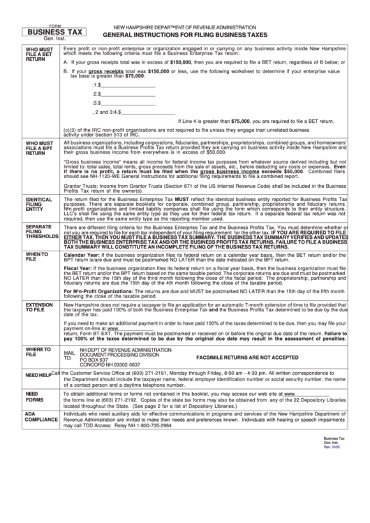 Business Tax Form - General Instructions For Filing Business Taxes - 2003 Printable pdf