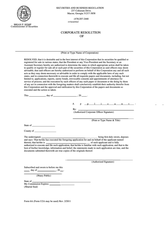Form 6a - Corporate Resolution - Securities And Business Regulation - 2011 Printable pdf