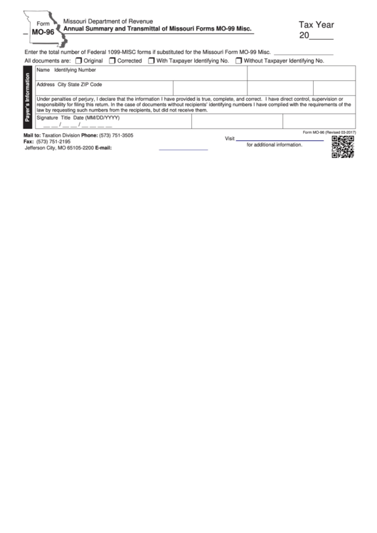 Fillable Form Mo-96 - Annual Summary And Transmittal Of Missouri Forms Mo-99 Misc Printable pdf