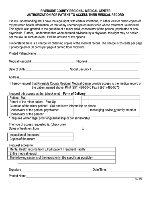 Authorization For Patient To Access Their Medical Record Form