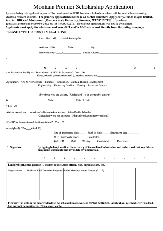 Premier Scholarship Application Form Montana Printable pdf