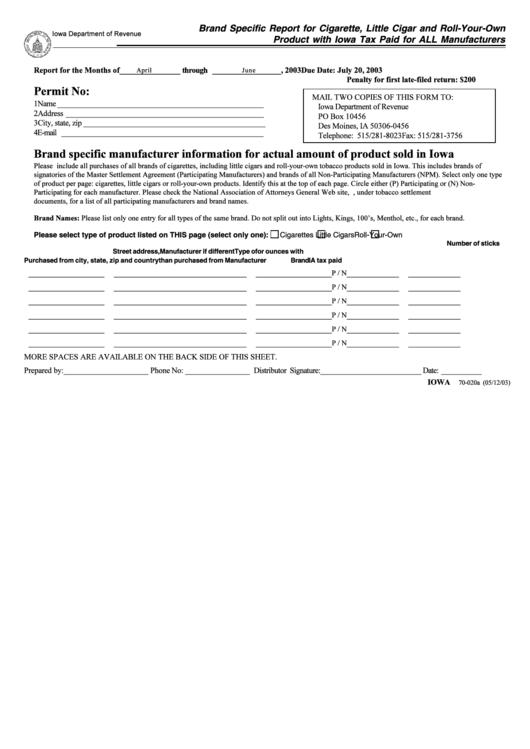 Brand Specific Report For Cigarette, Little Cigar And Roll-Your-Own Product With Iowa Tax Paid For All Manufacturers Form Printable pdf