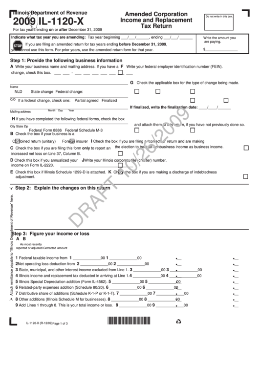 Form 2009 Il-1120-X - Amended Corporation Income And Replacement Tax Return Printable pdf