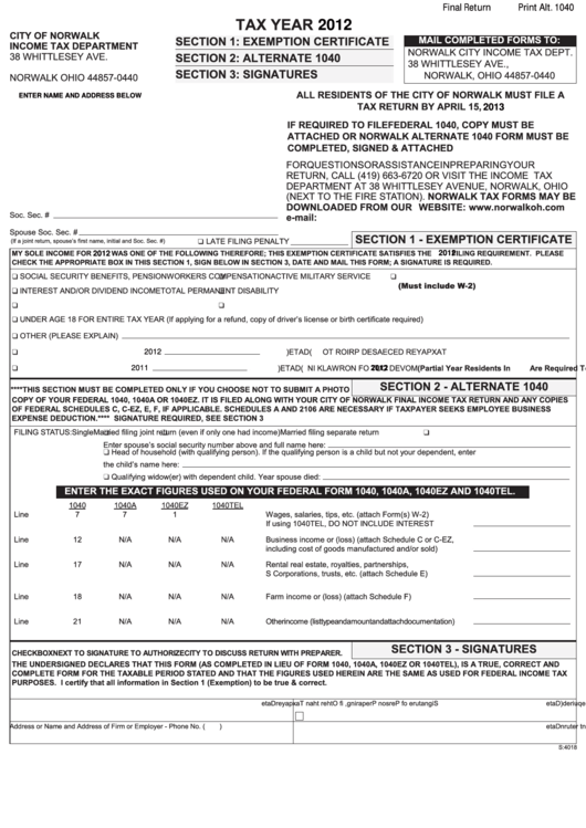 Fillable Exemption Certificate/alternate 1040/signatures - City Of Norwalk - 2012 Printable pdf