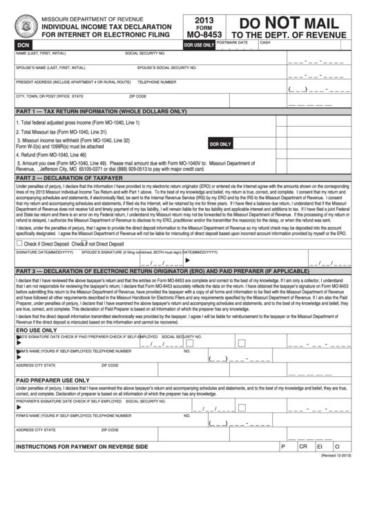 Form Mo-8453 - Individual Income Tax Declaration For Internet Or Electronic Filing - 2013 Printable pdf