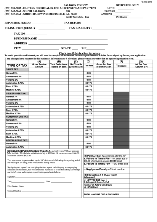 Fillable Tax Return Form - Baldwin County Al Printable pdf