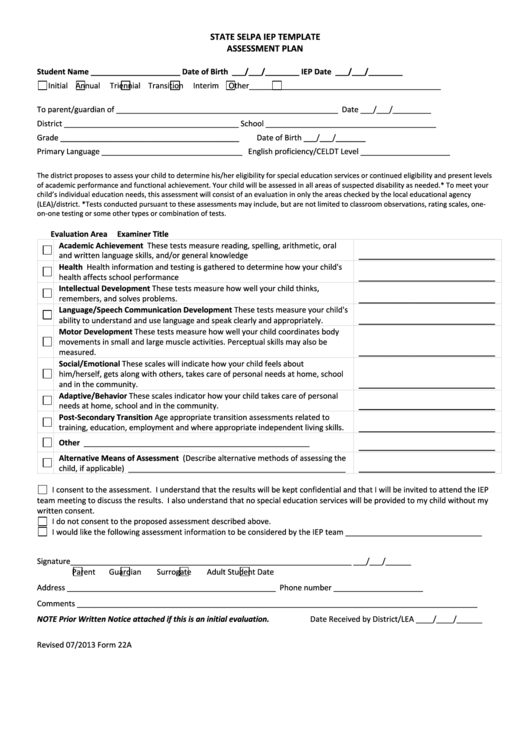Form 22a - State Selpa Iep Template - E Assessment Plan