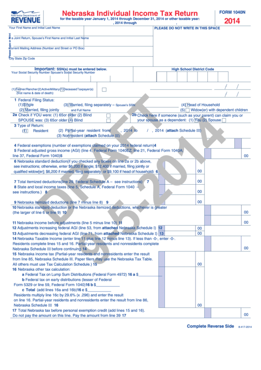 Form 1040n Draft - Nebraska Individual Income Tax Return - 2014 Printable pdf