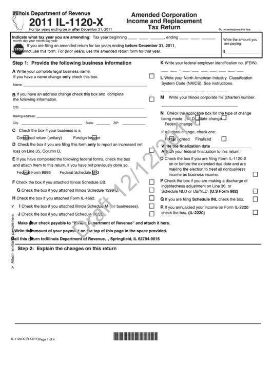 Form Il-1120-X Draft - Amended Corporation Income And Replacement Tax Return - 2011 Printable pdf