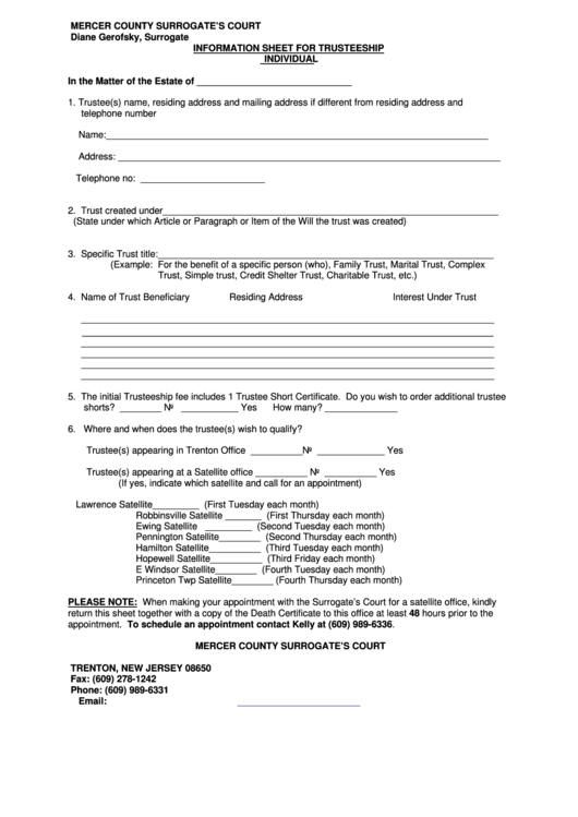 Information Sheet For Trusteeship Individual Printable pdf