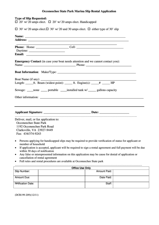 Fillable Form Dcr199-209 - Occoneechee State Park Marina Slip Rental Application Printable pdf