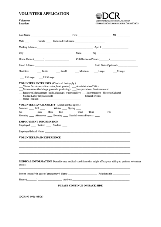 Form Dcr199-096 - Volunteer Application Printable pdf