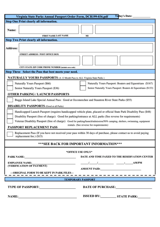 Form Dcr199-036 - Annual Passport Order Form Printable pdf