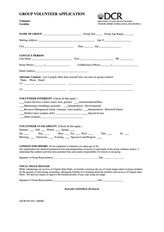Form Dcr199-051 - Group Volunteer Application Printable pdf