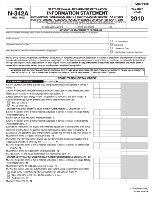 Form N-342a - Information Statement - 2010 Printable pdf