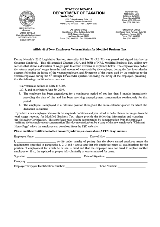 Fillable Affidavit Of New Employees Veteran Status For Modified Business Tax Form Printable pdf