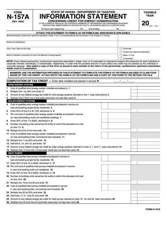Form N-157a - Information Statement-Concerning Credit For Energy Conservation - 2002 Printable pdf
