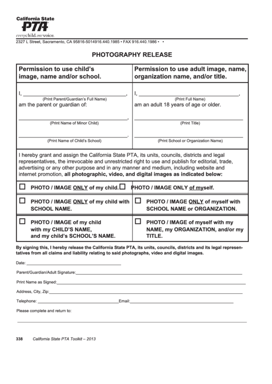 Photography Release-the California State Pta Form