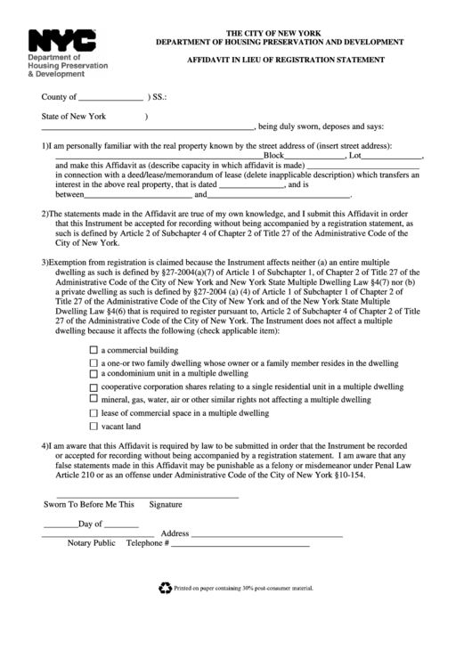 Fillable Affidavit In Lieu Of Registration Statement Form Printable pdf