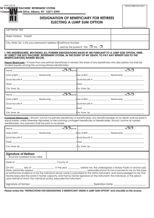 Designation Of Beneficiary For Retirees Who Elected A Lump Sum Option Form Printable pdf