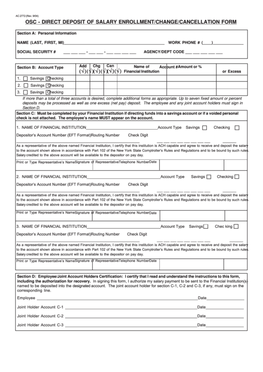 Form Ac 2772 - Direct Deposit Of Salary Enrollment/change/cancellation Form