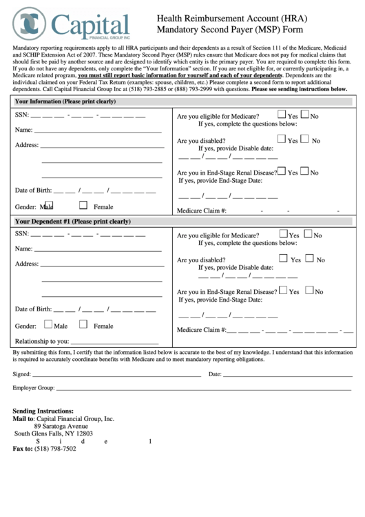 Mandatory Second Payer (Msp) Form Printable pdf