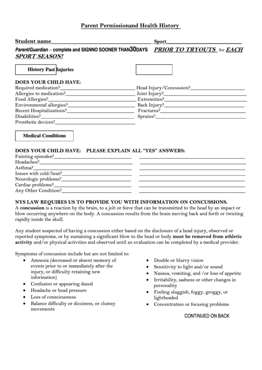 Parent Permission And Health History Form Printable pdf