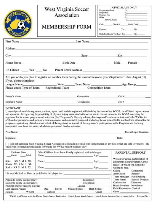 West Virginia Soccer Association-Membership Form Printable pdf