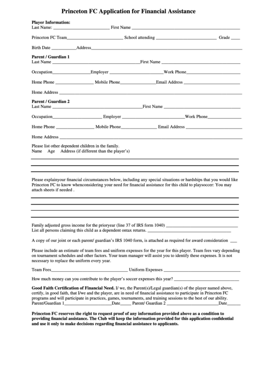 Princeton Fc Application For Financial Assistance Form