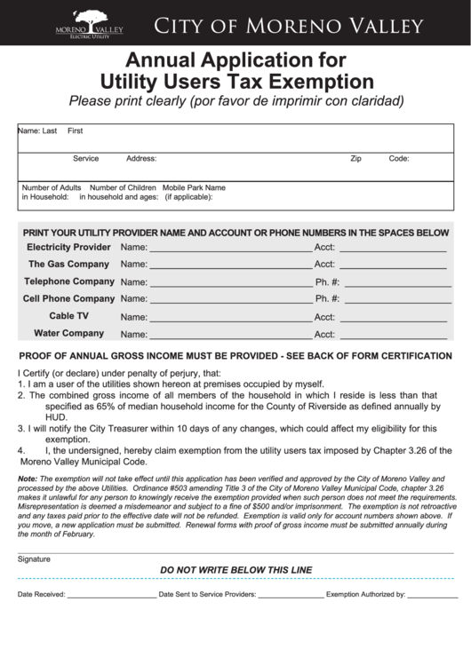 Fillable Annual Application For Utility Users Tax Exemption Form Printable pdf