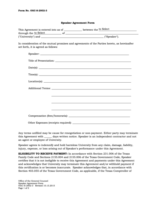 Fillable Form No. Ogc -S -2002-3-Speaker Agreement Printable pdf