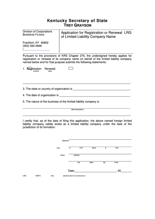 Fillable Form Lrg - Application For Registration Or Renewal Of Limited Liability Company Name Printable pdf