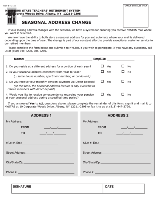 Seasonal Address Change Form Printable pdf