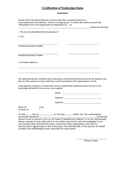 Fillable Certification Of Nonforeign Status Form Printable pdf